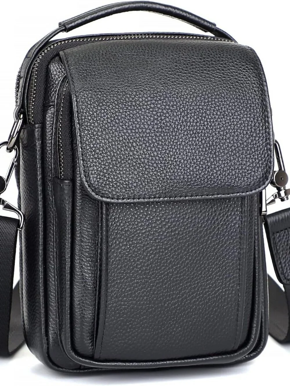 Men's Black Leather Shoulder Sling Travel Crossbody Stylish Magnetic Buckle Bag